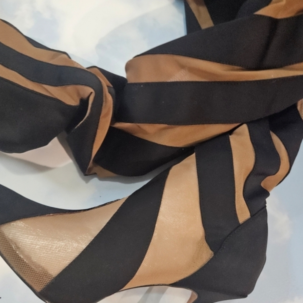 Over-the-Knee Striped Thigh High Boots - Black & Tan Illusion Mesh Heels - Picture 4 of 13